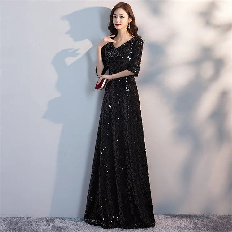 FANIECES Luxury Sequins Party Evening Floor-length Dresses Women Three-Quarter Sleeve V Neck Prom Gown Robe Longue Femme Vestido - Seprincess