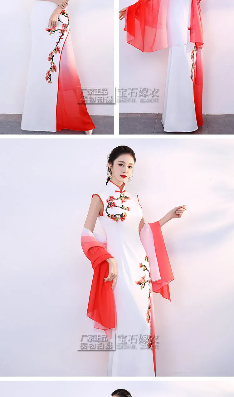 White Sexy Satin Chinese Dresses Gown Women Large Size Slim Qipao Long Sequins Evening Party Cheongsam Elegant Vestidos - Seprincess