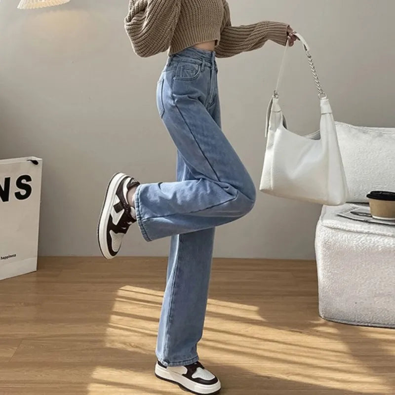 Denim Jeans Women Casual Fashion Button Design Pants Loose Straight Brand High Quality New Arrivals Trousers