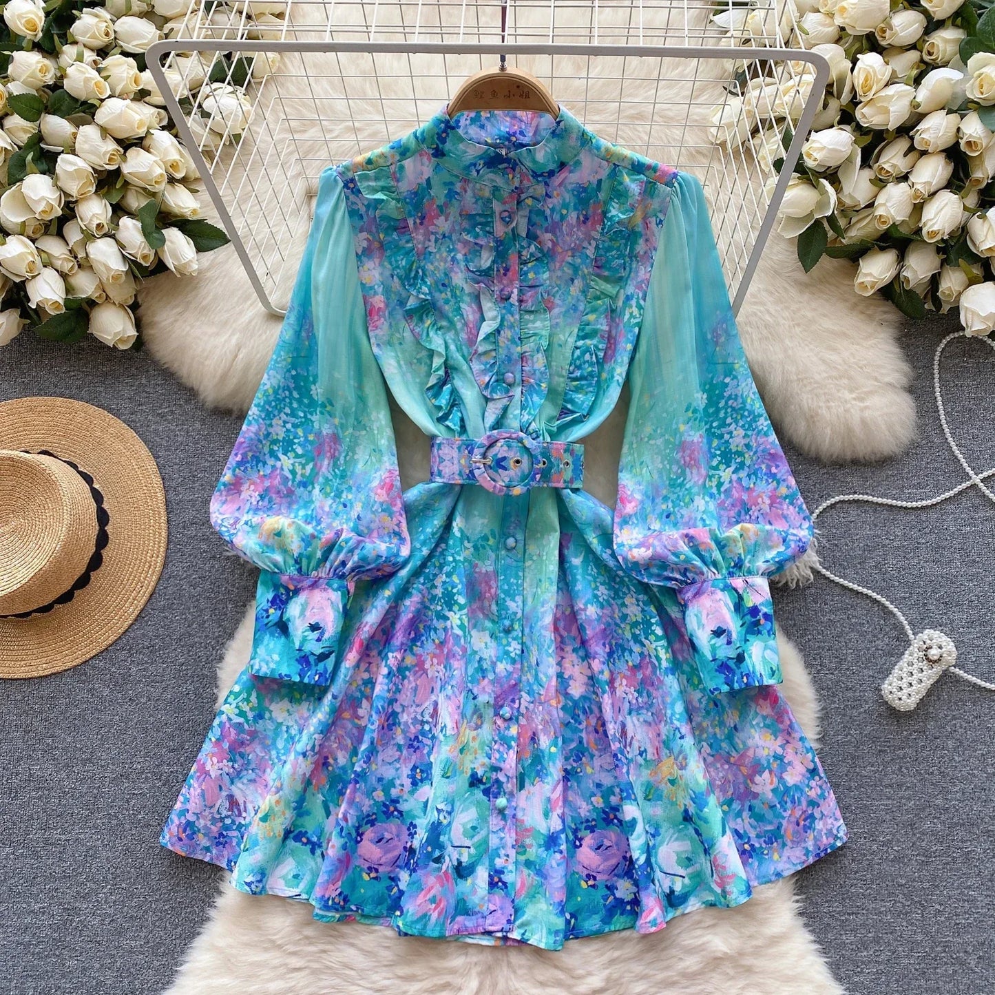 Print Belt Lantern Long Sleeve Patchwork Single Breasted Dress A-line Casual Women Fashion Autumn Spring Vestidos Short Dress - Seprincess