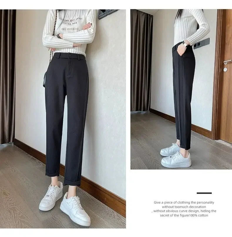 Winter Woolen Pants for Women Thicken Warm Ankle-Length Harem Pants Office Lady Khaki Elastic Waist Fashion Women's Trousers