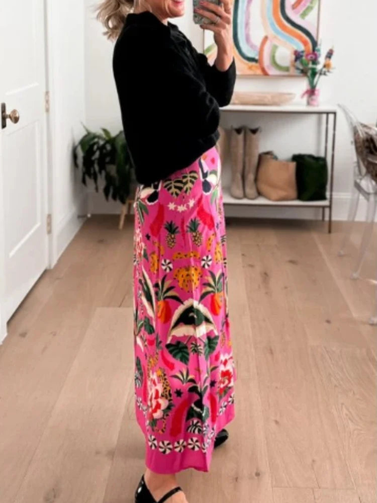 2024 Spring/Summer New Street Tropical Plant Print Retro Half Skirt Women's Elegant Lower Half Colored Printed Half Skirt - Seprincess