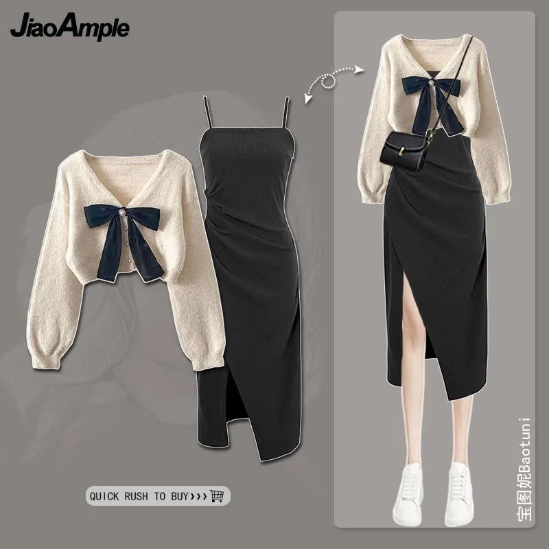 Women's Spring Autumn New Knitted Sweaters Two Piece 2024 Korean Elegant Bow Cardigan Strap Skirt Matching Set Female Clothing - Seprincess