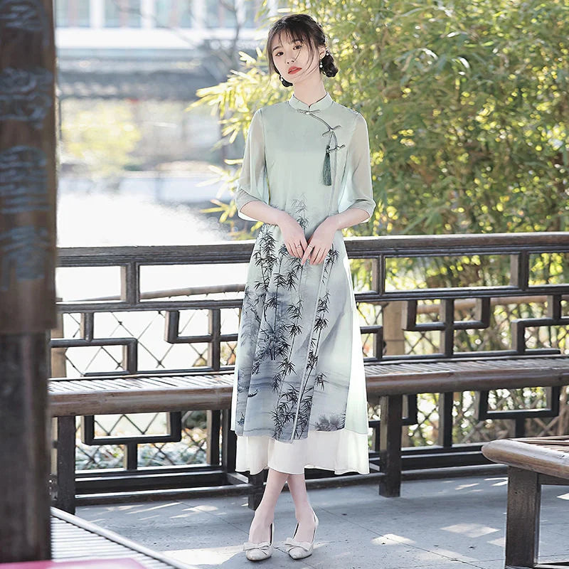 Improved Cheongsam 2024 Women's Summer High-end Chiffon Long Dress Inverted Big Sleeves Plus Size Retro Girl Chinese Style Hanfu - Seprincess