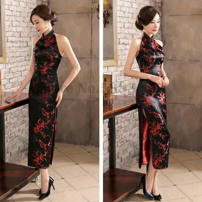 Plus Size 3XL Qipao Sexy Backless Sleeveless Cheongsam Retro Classic Brocade Chinese Vestidos Traditional Printed Flower Dress - Seprincess