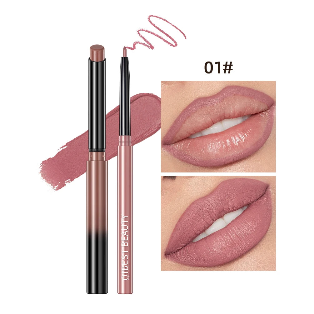 QIBEST 2pcs Matte Lipstick Lipliner Pen Makeup Set Nude Lip Liner Pencil Long Lasting Lipstick Pen Contour Waterproof Lip Stain