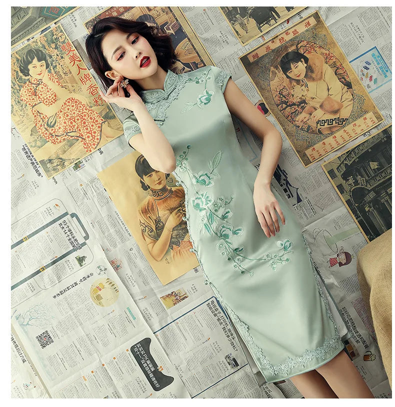 Silk Embroidered Long Cheongsam 2023 New Lace Edge Improved Qipao Chinese Style Evening Dresses Woman Ceremony Dress - Seprincess