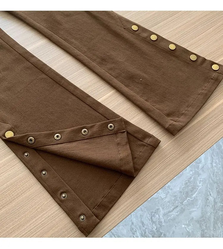 Micro-boot jeans brown buttoned design women's autumn and winter new high-waisted slim straight-leg floor mopping pants