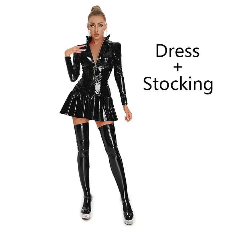 Women's Wet PVC Leather Tight Bodycon Mini Dress Latex Hollow Zipper Stand Up Collar A-Line Mini Pleated Skirt Latex Dresses - Seprincess