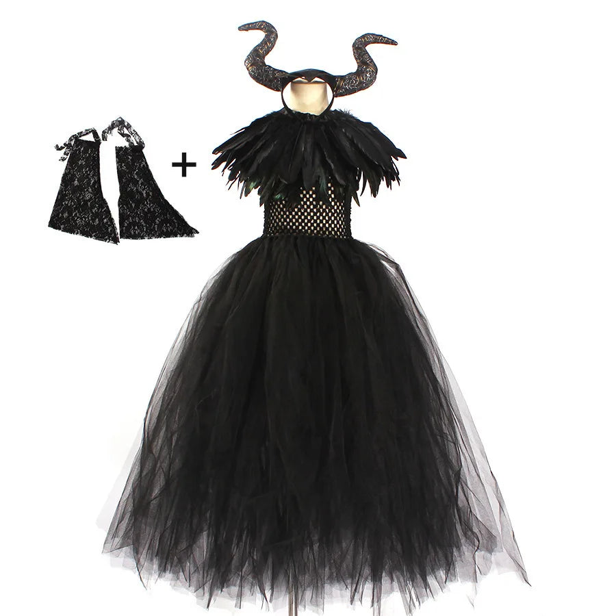 Halloween Costume for Kids Halloween Fantasy Vampire Costume Girls Long Tutu Dress Kids Carnival Outfit Gothic Feather Clothes - Seprincess