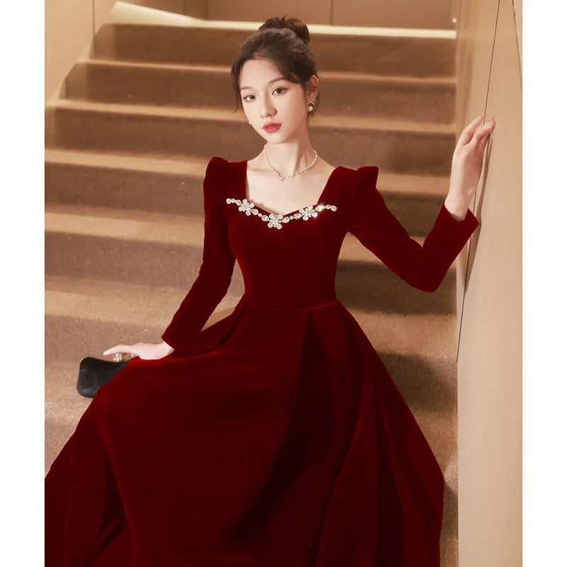 Autumn Winter Black Evening Dress Women Elegant  Luxury Velvet Long Sleeve A-line Party Dresses French Beadding Prom Gown - Seprincess