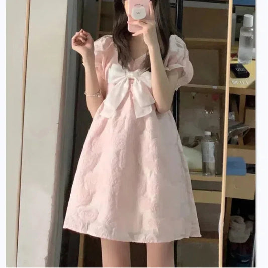 Japanese Bow Women's 2024 Summer New Spliced Puff Sleeve V-neck Flower Fashion Solid Color Slim All-match Princess Party Dresses - Seprincess