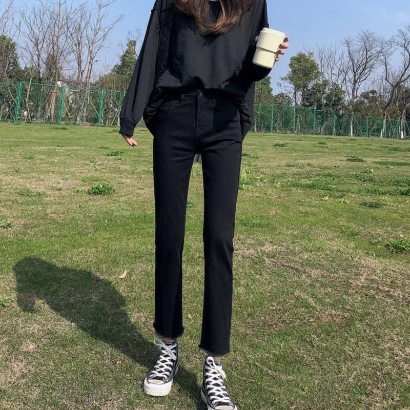 Black High-Waisted Female Denim Jeans Newly Stretched  All Match Classic Pants Straight Raw Edge Women Classic Pants