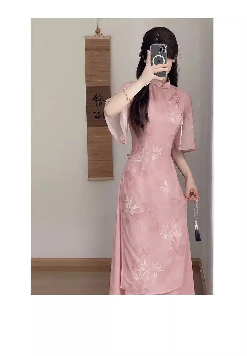 New Chinese Style Pink Qipao Dress 2024 Vintage Cheongsam Young Oriental Lady Evening Dress Summer Daily Vestido - Seprincess