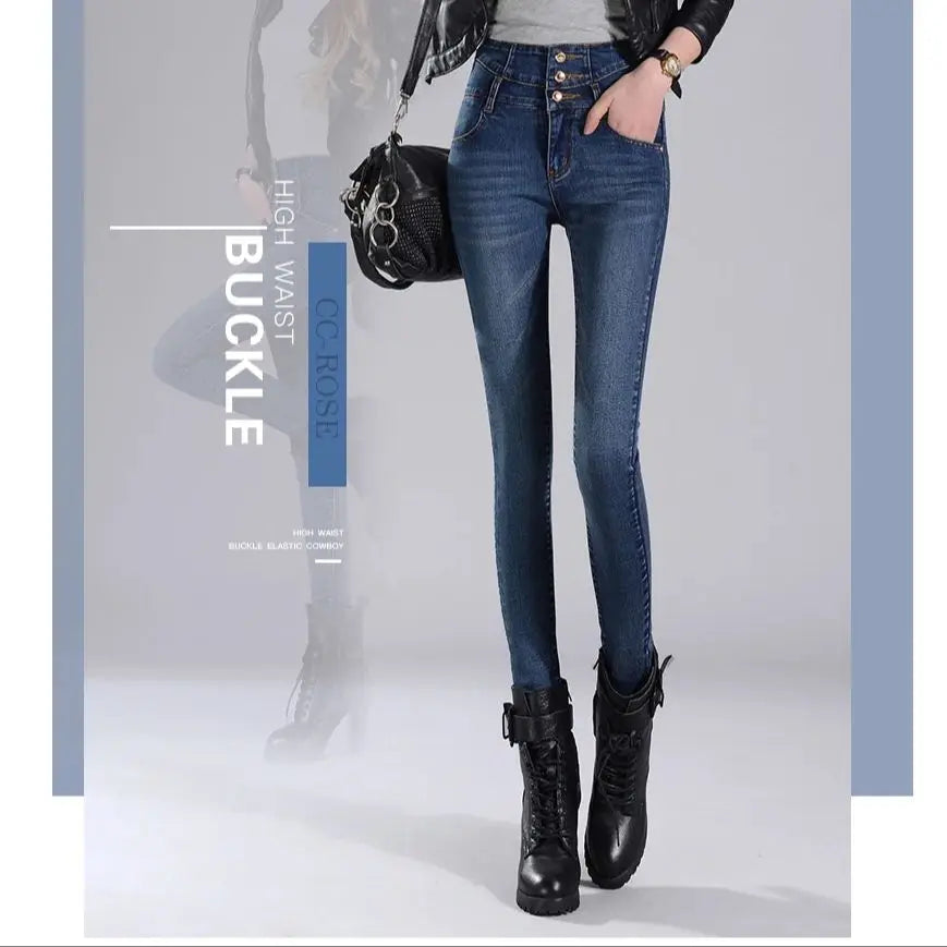 High-Waisted Jeans, Three-Breasted Jeans, Women's Spring & Fall New Slim Pants, Casual Denim Pants, Women's Stretch Pencil Jeans