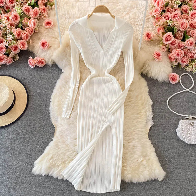 Women Korean Knitted Dress Long Sleeve V Neck Elastic Slim Pencil Dresses 2024 Autumn Sexy Bodycon Split Sweater Dress