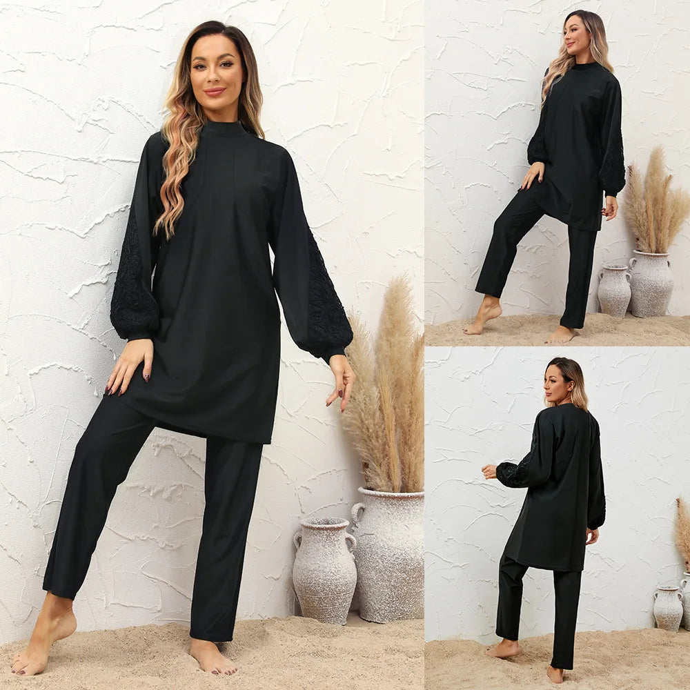 2024 Summer Dubai Modest Abaya 3 Piece Set Black Burkini Muslim Mujer Swimwear Women With Swim Cap Robe Femme Musulmane Clothing - Seprincess