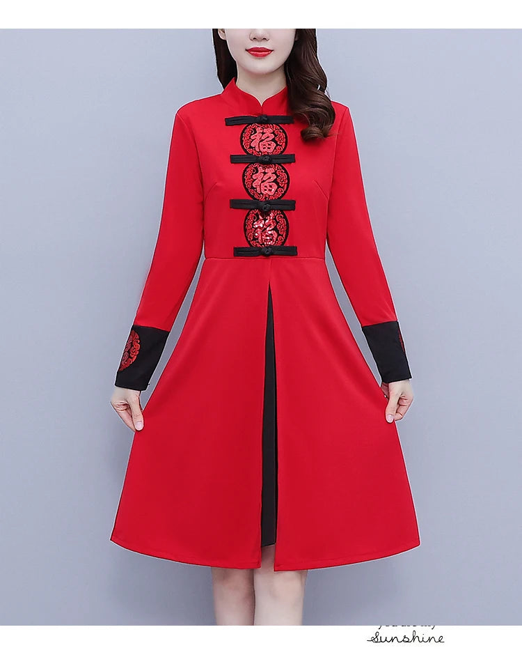 Women's Autumn New Red Festive Dress Slim Retro Improved Cheongsam Chinese Traditional Qipao Dress Plus Size M-5XL - Seprincess