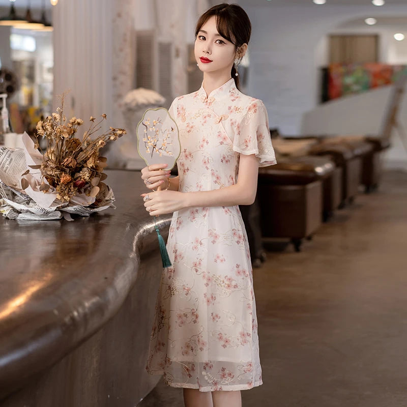 Summer Short Sleeve Qipao Fashion Modern Trend Ethnic Traditional Chinese Clothing Embroidery Cheongsam Dress for Women - Seprincess