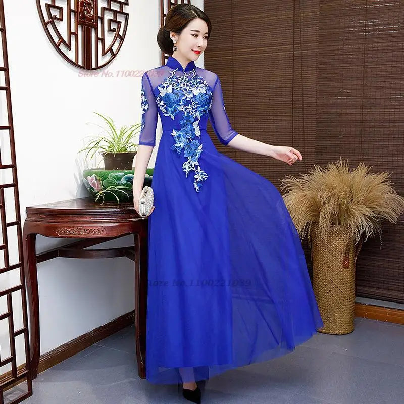 2024 women improved qipao dress elegant lace flower embroidery cheongsam vintage banquet qipao oriental evening dress vestido - Seprincess