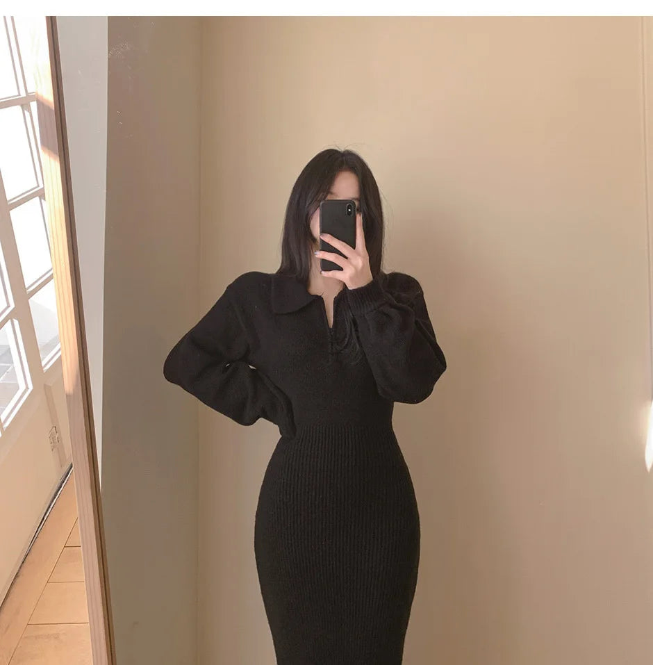 Vintage Long Sleeve V-neck Knitted Sweater Midi Dresses for Women Zipper Lapel Elegant Warm Bodycon Dresses Autumn Winter 2024 - Seprincess