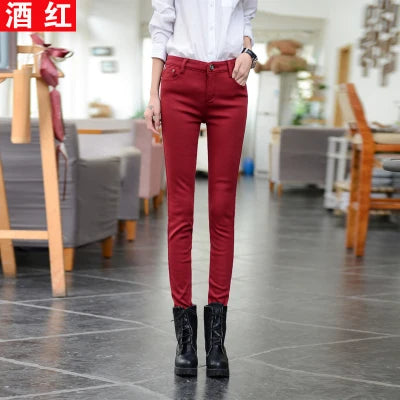 Korean Fashion Velvet Stretch Skinny Pant Women Mid Waist Warm Vaqueros Office Fleece Trousers Candy Colors Thick Winter Jeans