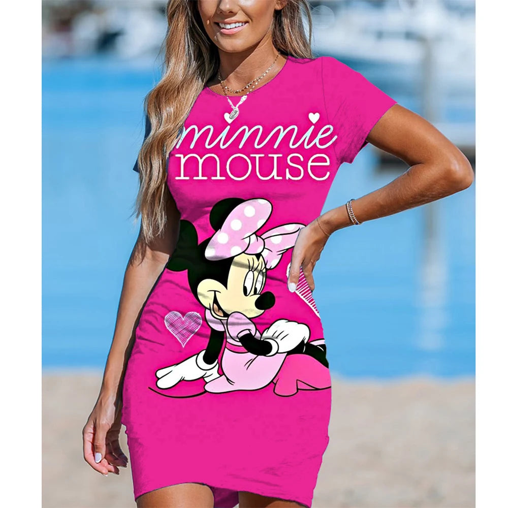 Disney Minnie Mickey Mouse Elegant Pencil Dress Womens Simple Sheath Office Dresses Summer Short sleeve Casual Night Club Dress - Seprincess