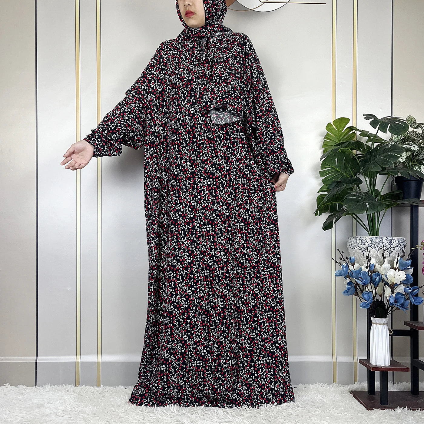 2024Latest Muslim Abayas For Women Ramadan Prayer Maxi Dubai Turkey Femme Cotton Robe Floral Loose African Dress Turban Attached