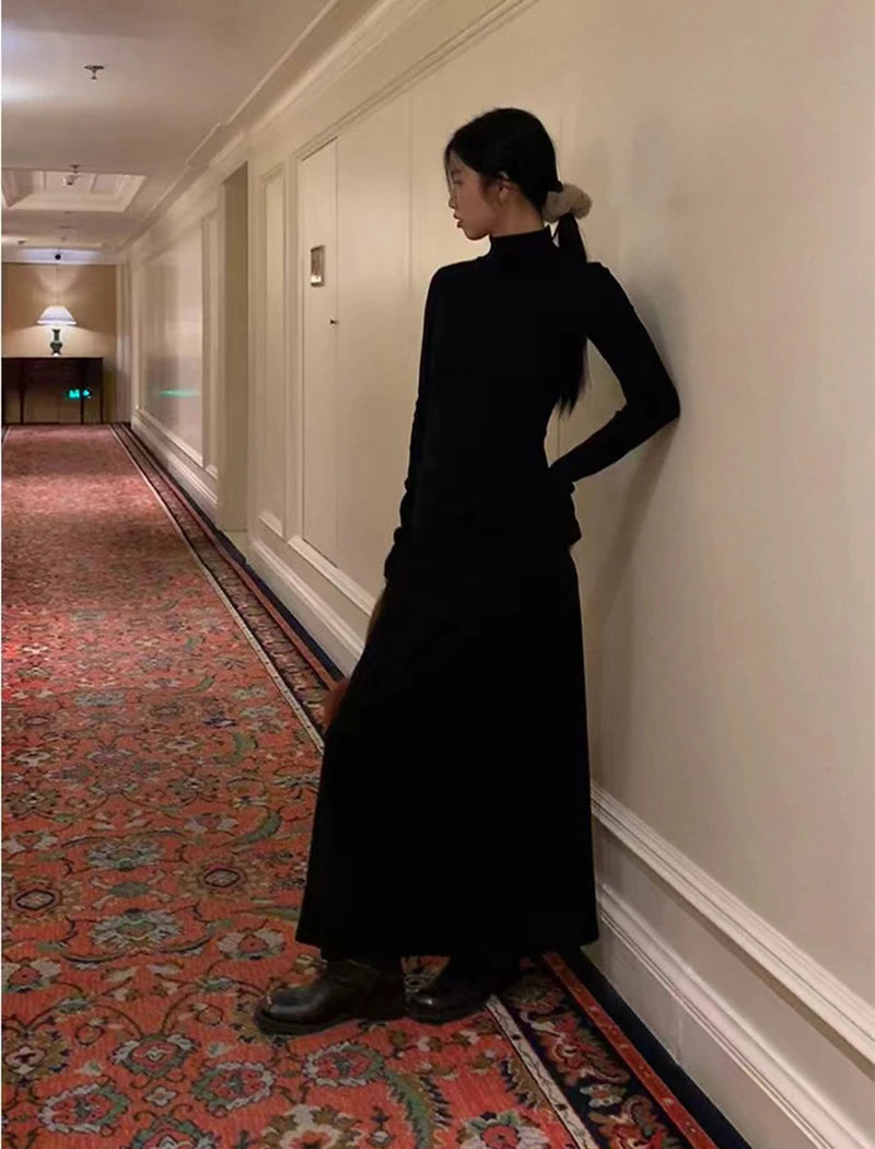 Autumn Half Turtleneck Dress Women Korean Elegant Black Hepburn Style Midi Dress Y2K High Waist Long Sleeve Warm A Line Vestidos