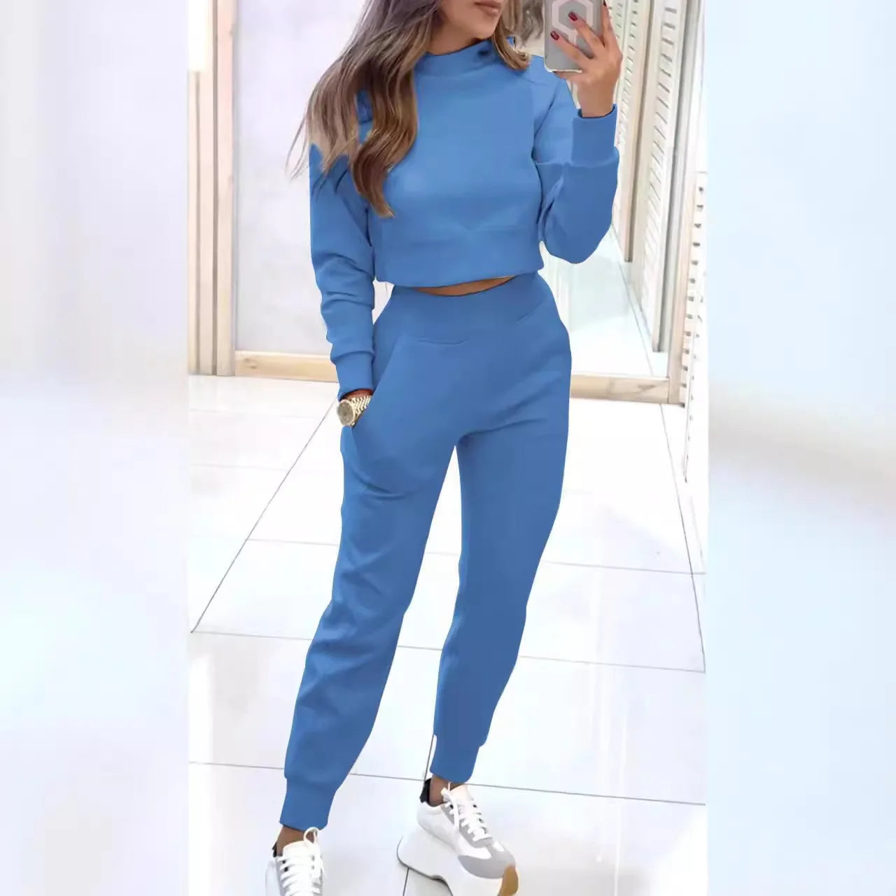 Fashion Long-sleeved Half Turtleneck Short Top + Nine-point Pants 2-piece Set Women Elegant Autumn Solid Color Slim Suit Female - Seprincess