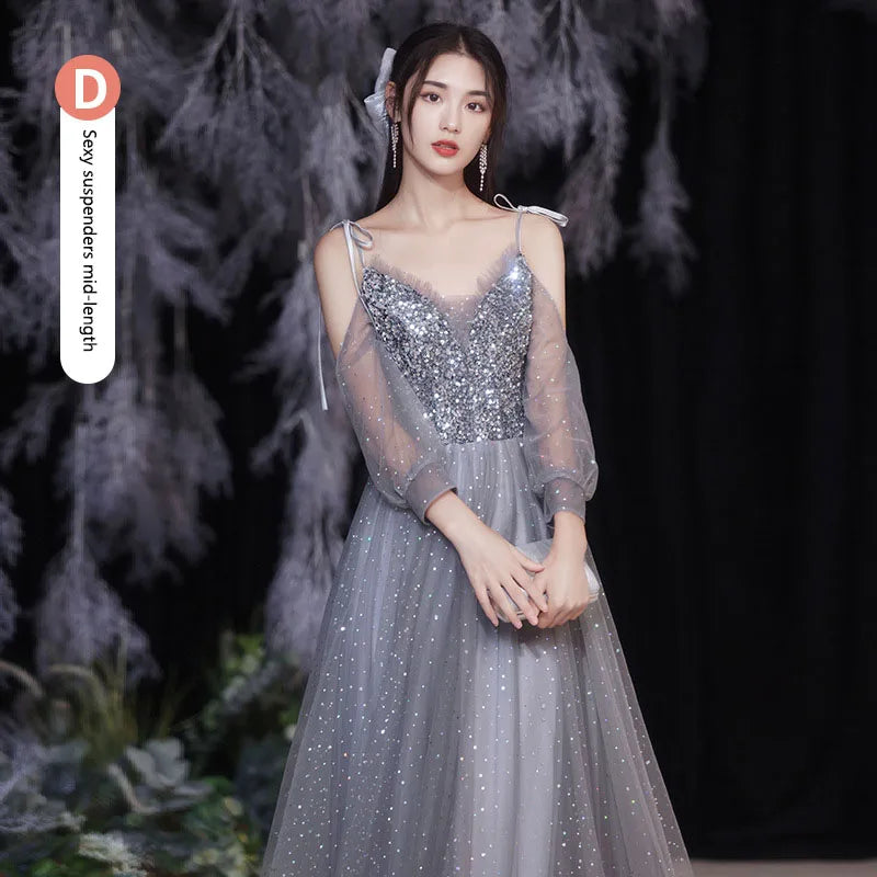 Grey Bridesmaid Evening Dress Women Off Shoulder Sequins Wedding Party Vestidos Fairy Temperament Sisters Group Gown Summer - Seprincess