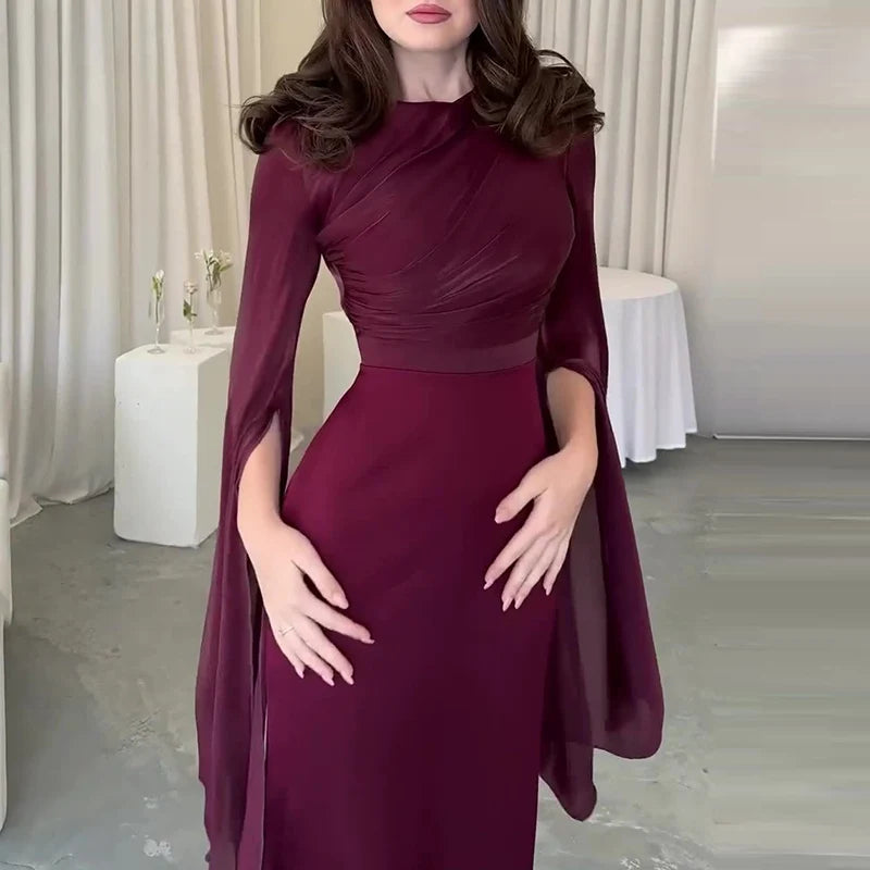 Fashion Satin Solid Robe Dress Ladies Temperament O-neck Slim Evening Dress Elegant Batwing Sleeves High Waist Pleats Long Dress - Seprincess