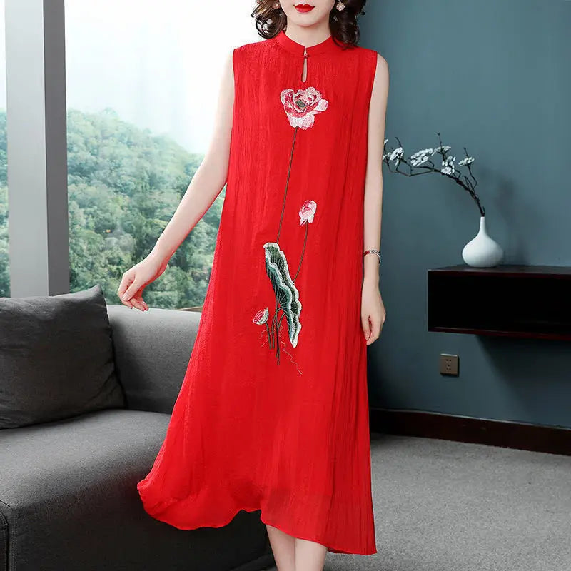 1pcs/lot chinese style woman Embroidered Cheongsam Sleeveless Vest Chiffon Dress Woman Dress print dress - Seprincess