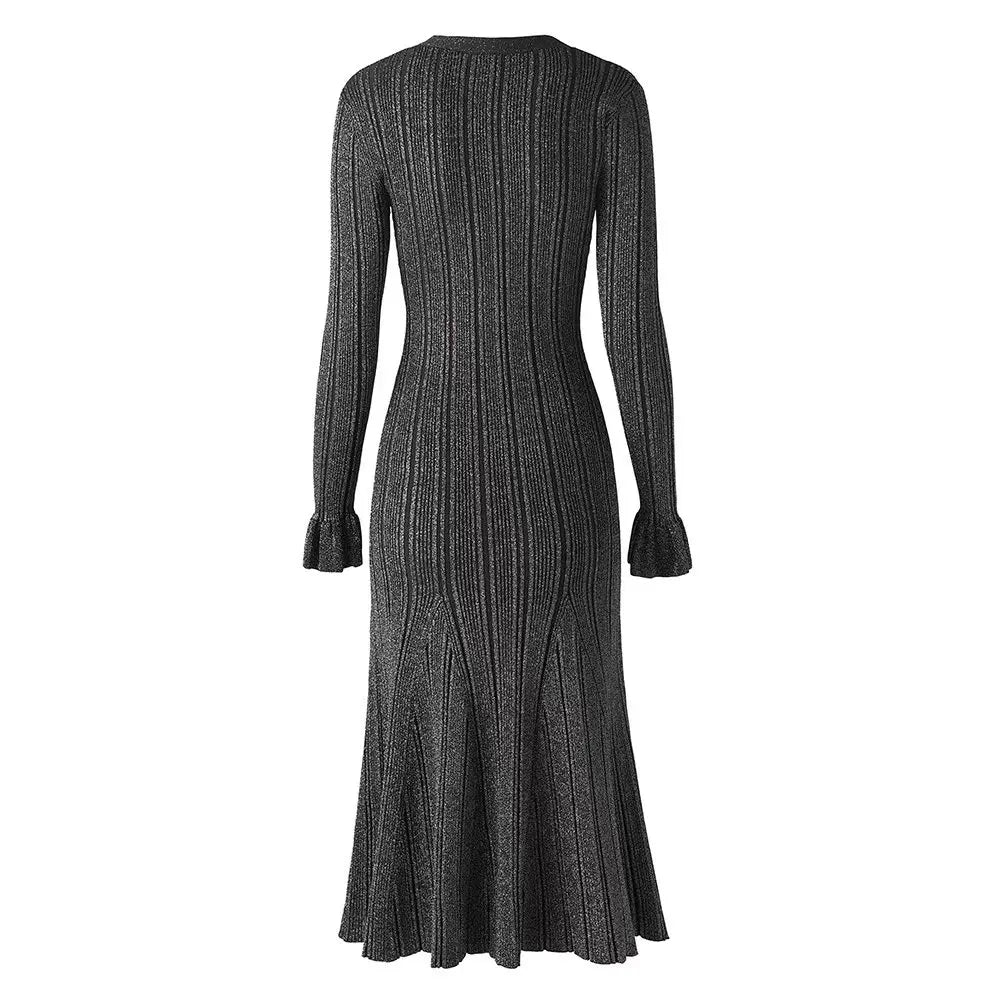 2024 New Autumn Winter Women Knitting Casual V Neck Long Sleeve Single Breasted Soft Warm Party Long Dresses - Seprincess