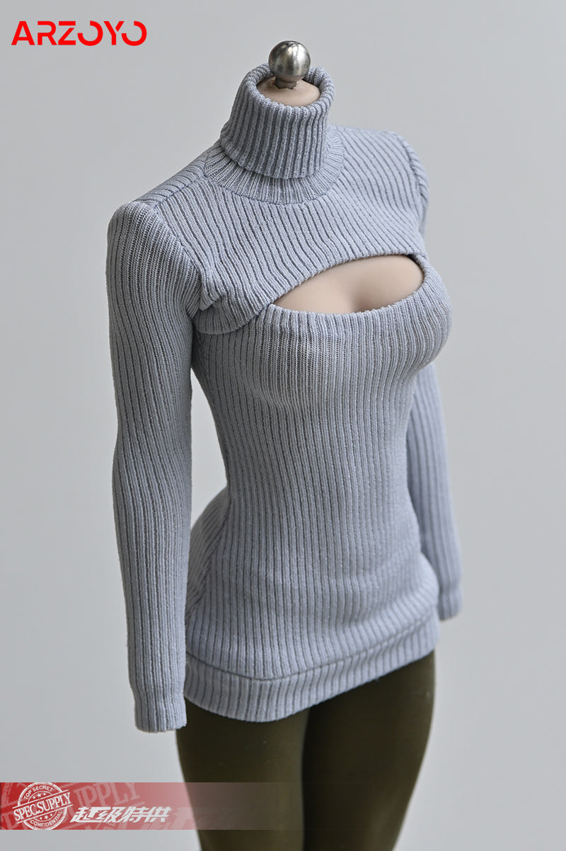 1/6 Female Soldier Sweater Slim Elastic High Neck Knit Pullover Sexy Open Chest Tops Mini Sweater Dress for 12" Action Figure - Seprincess