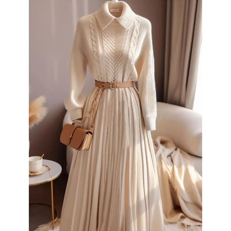 2024new Turtleneck pullover long dress women fashion apricot knitted inner dresses autumn winter Knit Sweater Warm Suit clothing - Seprincess