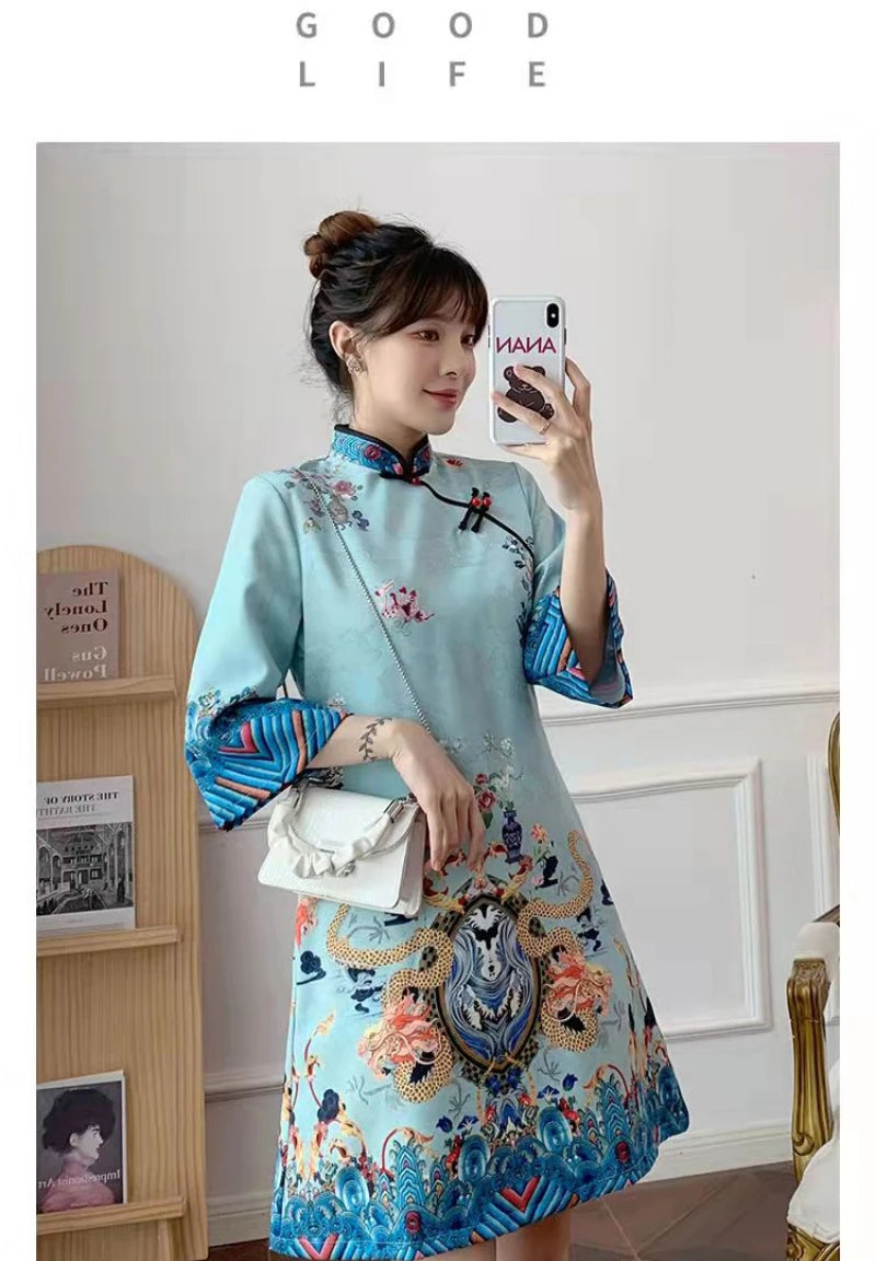 Red Blue Loose 2024 New Fashion Modern Chinese Cheongsam A-line Dress Women 3/4 Sleeve Qipao Traditional Chinese Clothes - Seprincess