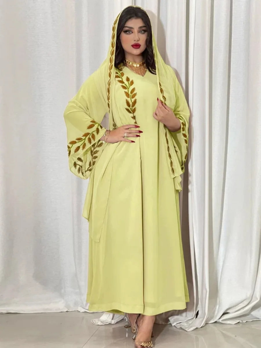 Eid Muslim Abaya for Women Embroidery Dress with Scarf 2 Piece Set Dubai Arab Long Robe Morocco Abayas Kaftan Headscarf Gorgeous - Seprincess