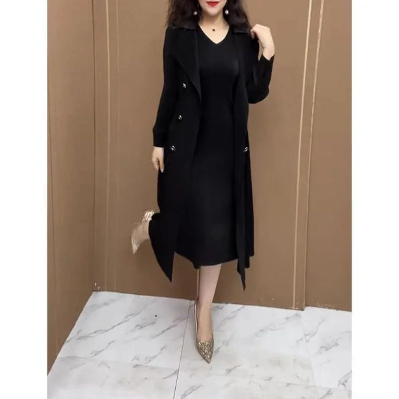 Spring Autumn Fashion Slim Pleated Suit Collar Fake Two Piece Windbreaker Coat Comfortable Waist Shrinking Elastic Dress Belt - Seprincess