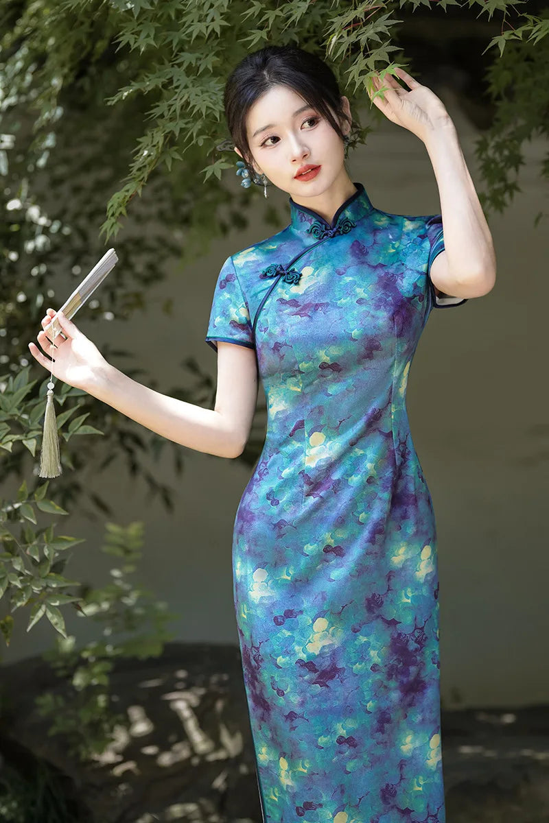 2024 Summer Autumn New Cheongsams Blue Flower Print Qipao Oriental Vintage Classical Vestidos Women's Satin Qipao Chinese Dress - Seprincess