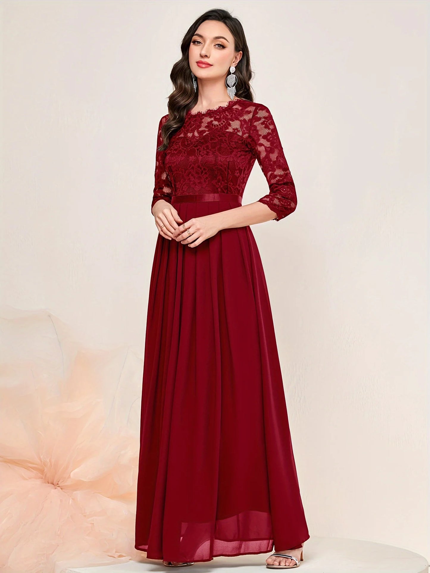 Contrast Lace Pleated Elegant Solid 3/4 Sleeve Party Maxi Formal Evening Dress - Seprincess