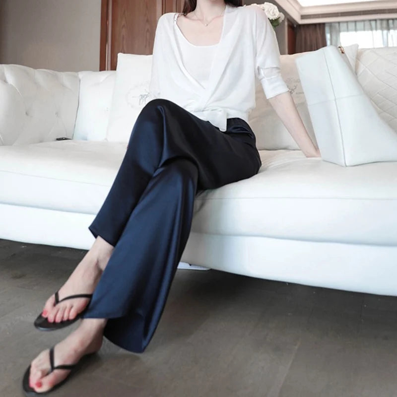 Summer Silk Satin Wide Leg Pants Thin Women Spring Office Straight Suit Trousers Classic Baggy Elegant High Waist Straight Pants