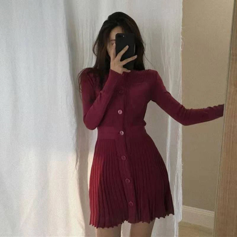 MEXZT Knitted Pleated Mini Dress Women Vintage Black Sweater Dresses Winter Korean Elegant Long Sleeve Pink Bodycon Vestidos New - Seprincess