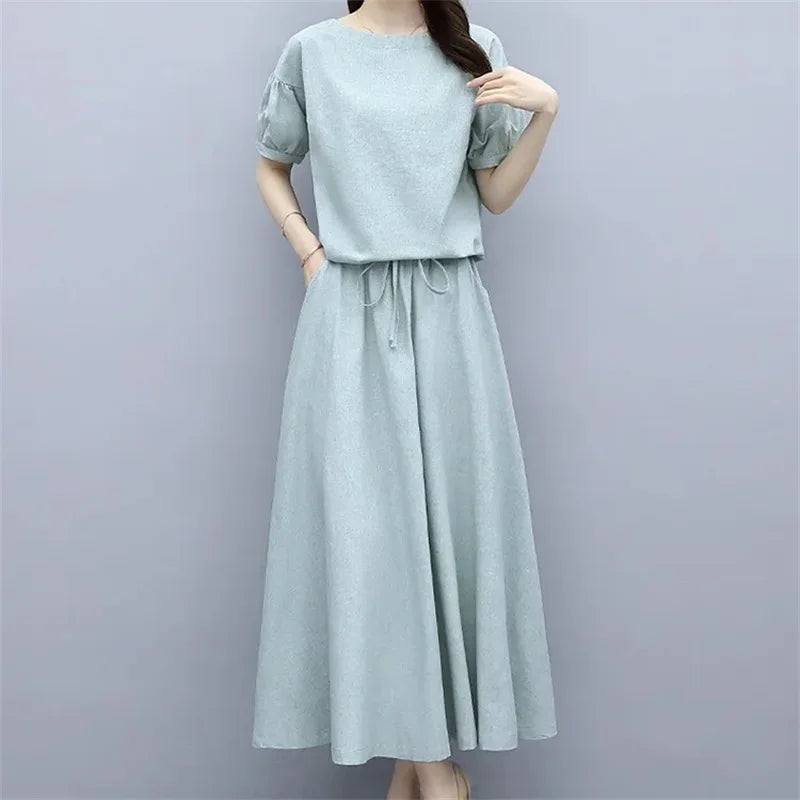 Cotton Linen Skirt Two-Piece Women's Summer 2024 New Set Slim Skirts Sleeve Suit Skirts Fashion 2PCS Temperament Female Outfit - Seprincess