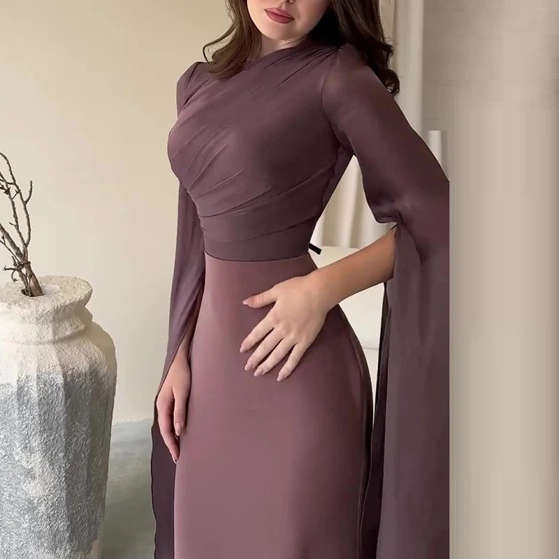 Fashion Satin Solid Robe Dress Ladies Temperament O-neck Slim Evening Dress Elegant Batwing Sleeves High Waist Pleats Long Dress - Seprincess