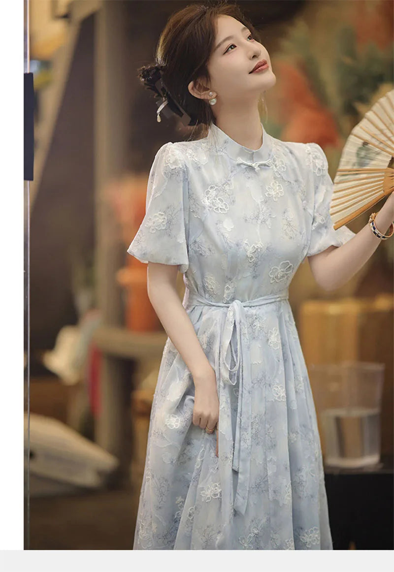 High Quality 2023 New Women Cheongsam Dress Embroidery Slim Elegant Long Qipao Chinese Style Wedding Dress Fashion Blue - Seprincess