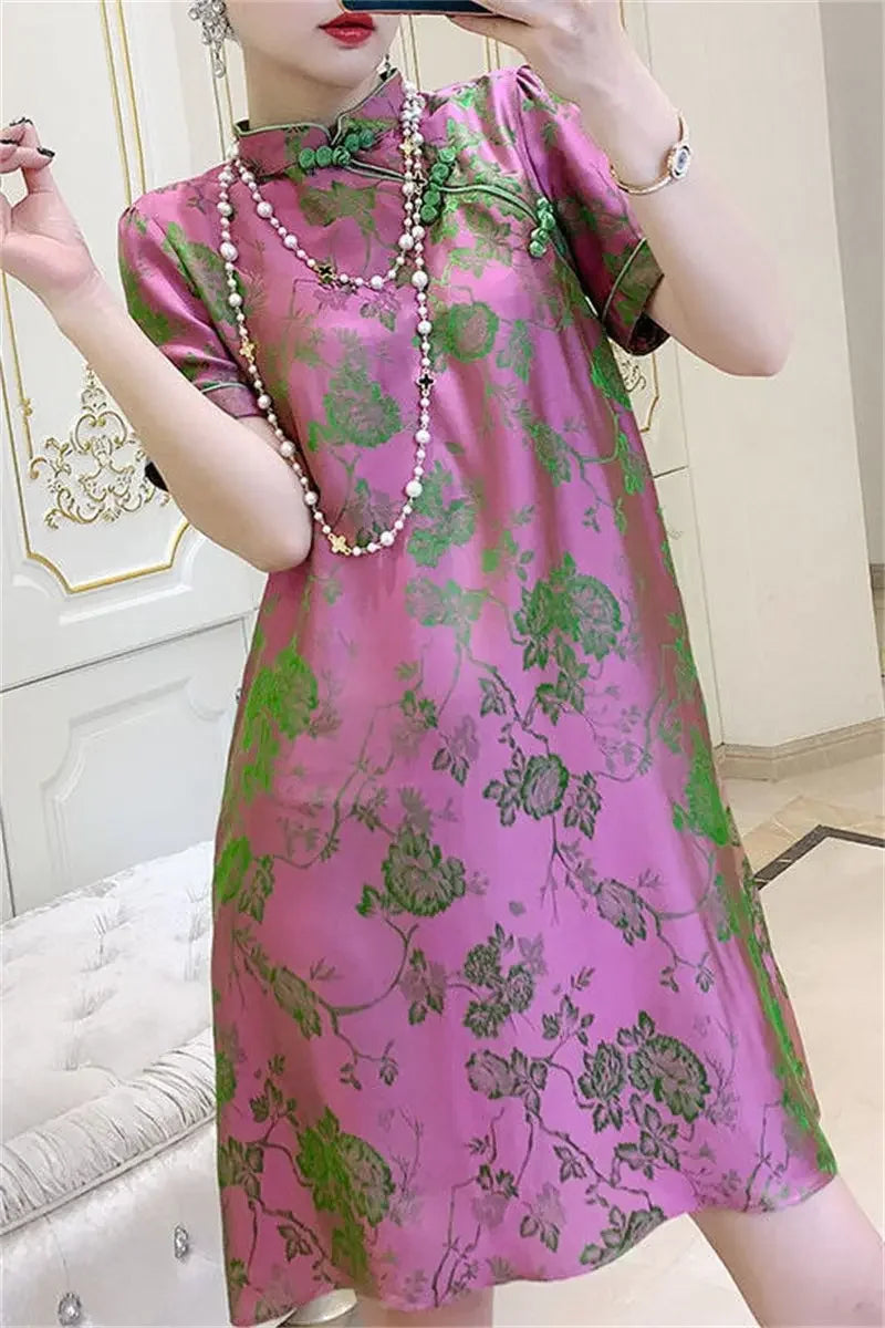 2023 New Improved Flower Printed Chinese Qipao Dress Spring Summer Short Sleeve Stand Collar Women Retro Fashion Cheongsam - Seprincess