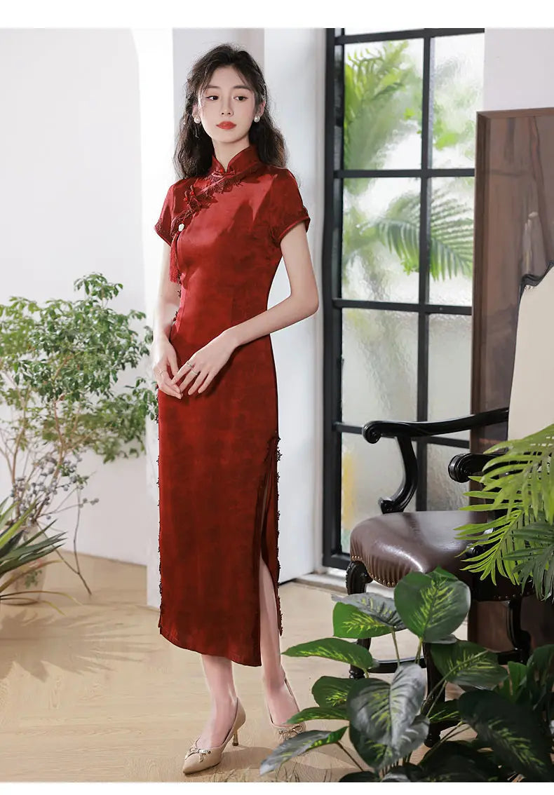 Wine Red Qipao Cheongsam 2023 Chinese Dress Women Classic Mandarin Collar Bridal  Evening Party Gown Young Girls Long Dress - Seprincess