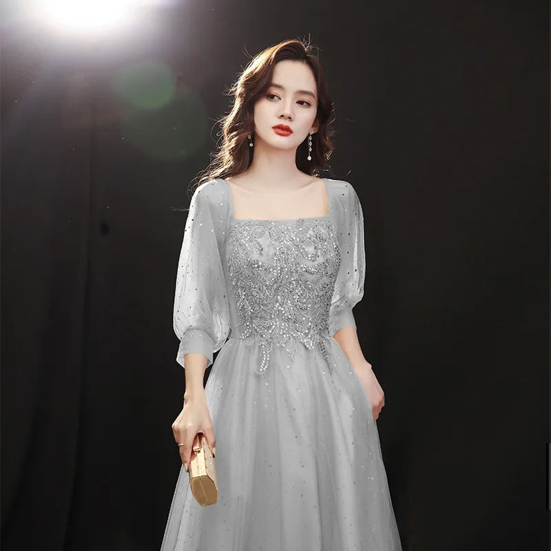 Grey Shining long lady girl women princess banquet party ballbridesmaid performance prom dress performance gown - Seprincess