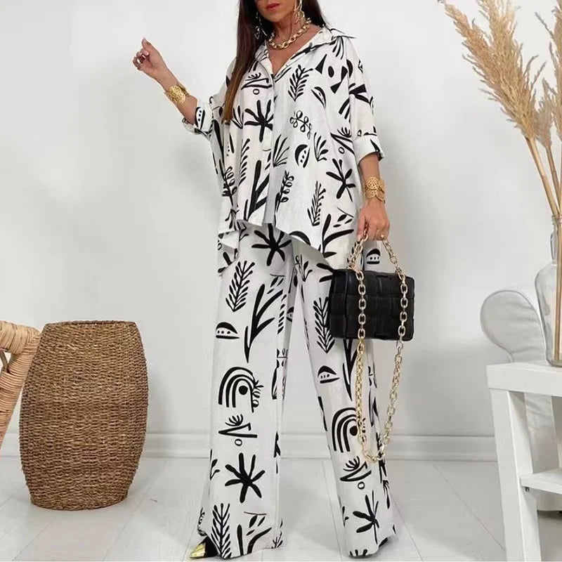 2024 Autumn Wide Leg Pants Two Piece Sets Outfits Womens Spring Long Sleeve Button Down Shirt Suit Casual 2pcs Set For Female - Seprincess